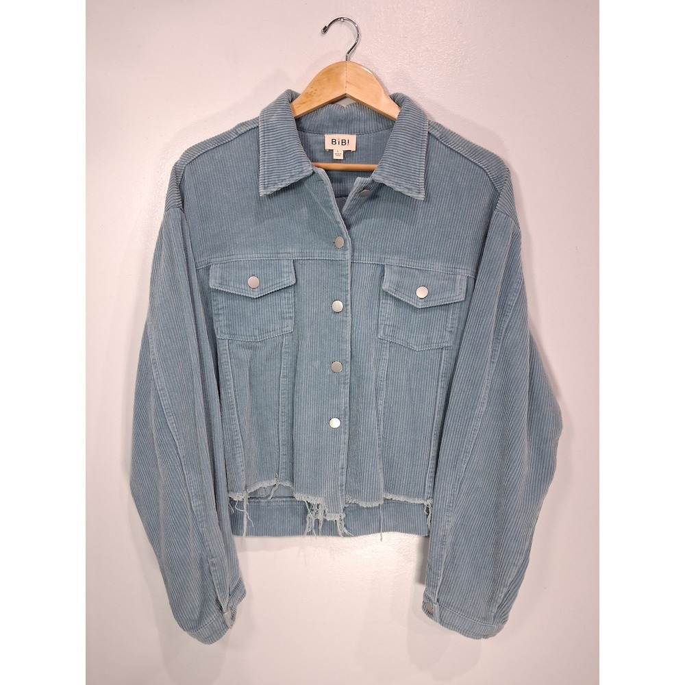 BiBi Womens Blue Corduroy Cropped Jacket Raw Hem Button Front IP5415 Size L